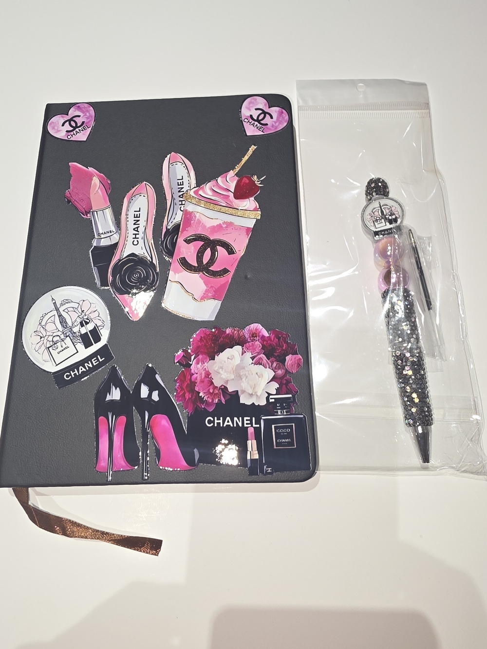 Fashion Inspired Black Notebook with Pink Sticker Accents